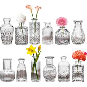 Glass Bud Vases Set of 12, Small Clear Vases for Centerpieces, Mini Glass Vases in Bulk, Vintage Vases Assorted Tiny Flower Vase for Baby Shower Wedding Floral Arrangements Home Table Decorations