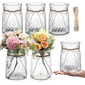 Bokon Plastic Vases Bulk for Centerpieces Table, 6.3 in Bud Vases in Bulk, Mini Clear Planter for Flower with Rope Design and Plant Containers for Wedding Dinning Home Decoration(Clear,6 Pcs)
