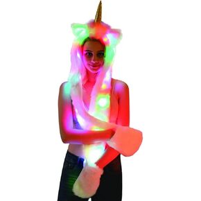 Animal Hat Faux Fur Hood Scarf Full Pockets Ear Flat Cap Hoodie Furry Gloves Party Costume Led Unicron