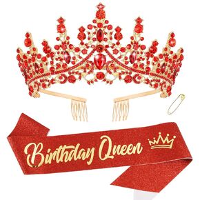 Birthday Sash and Crown Set for Women - Red Headband, Queen Sash, Happy Tiara With Crystal - Adult Birthday Decorations