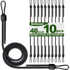 10PCS 48Inch Bungee Cords with Hooks,10-48 Inch Adjustable Bungee Cords, Natural Latex Elastic Ropes - Black Elastic Straps for Camping Gear, Home Storage, Office Organization