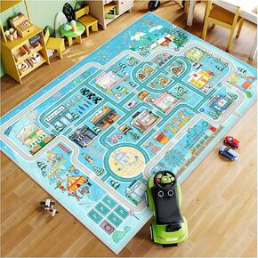 Kids Car Rug for Playroom, Boys & Girls Bedroom, Washable Anti Slip, Machine Washable, Non-Slip, High Pile, Blue, 2'6"3'9"/3147inch, Cartoon, Rectangular, Indoor, Area Rug