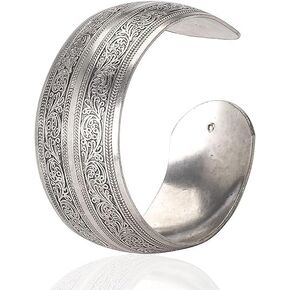 1Pc Silver Tibeten Silver Carved Spiral Flower Connecting Branches Pattern Wide Band Open Cuff Bracelet Bangle Size adjustable Cuff Bracelets for Women