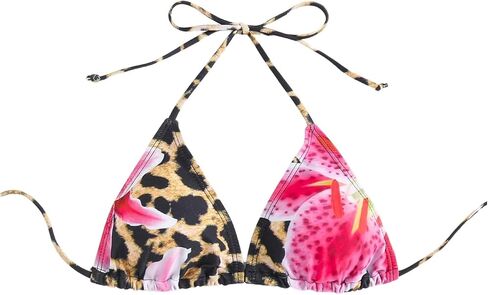 Verdusa Women's Leopard Triangle Halter Bikini Tops Floral Tie Back Wood Swimwear Top in Kuwait