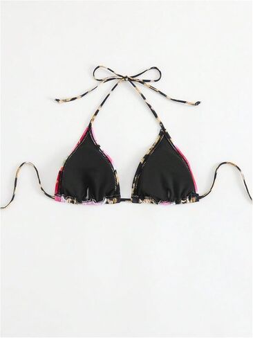 Verdusa Women's Leopard Triangle Halter Bikini Tops Floral Tie Back Wood Swimwear Top in Kuwait