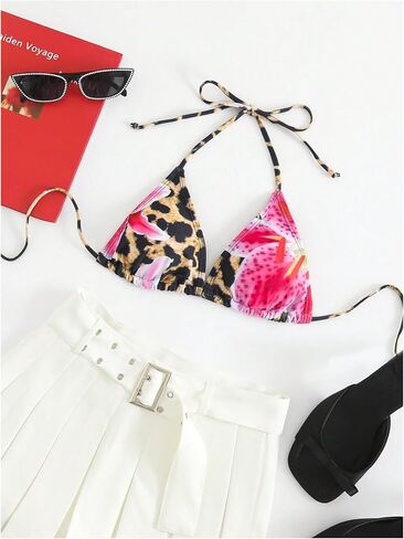 Verdusa Women's Leopard Triangle Halter Bikini Tops Floral Tie Back Wood Swimwear Top in Kuwait