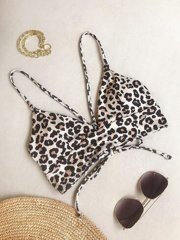 Wdirara Women's Leopard Bikini Tops Criss Cross V Deck Swimsuit Top Tie Back Backing Suit Top in Saudi Arabia