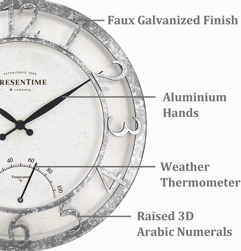 Presentime & Co 13" Farmhouse Outdoor Wall Clock w/Outdoor Thermometer, Cottage Style, Raised 3D Arabic Numerals, Oil Rubbed Bronze Finish (Wall Clock for Patio, Cottage, Poolside, Garden Spaces) in Saudi Arabia