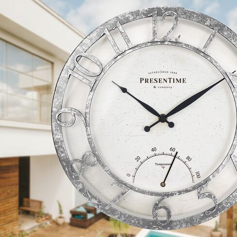 Presentime & Co 13" Farmhouse Outdoor Wall Clock w/Outdoor Thermometer, Cottage Style, Raised 3D Arabic Numerals, Oil Rubbed Bronze Finish (Wall Clock for Patio, Cottage, Poolside, Garden Spaces) in Saudi Arabia