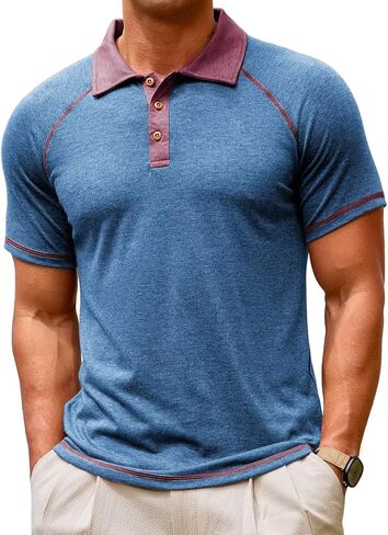 Lexiart Men's Casual Polo Shirt Short Sleeve Raglan Classic Button Golf Collared Tops Contrast Color in Saudi Arabia