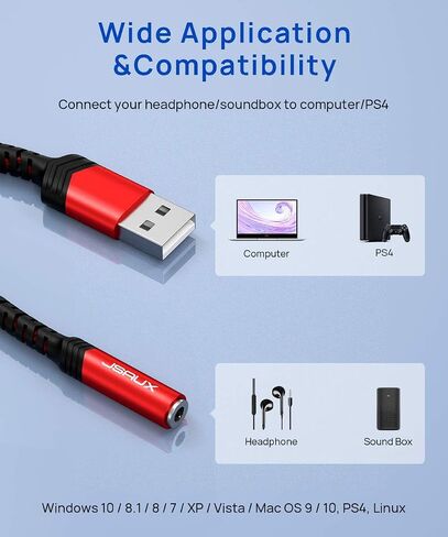 JSAUX USB to 3.5mm Jack Audio Adapter, Sound Card Support Mic TRRS | TRRS 4-pole, Nylon Braided, USB to Aux Jack, Plug and Play, for Headset Headphone Speaker Windows Mac Linux PC PS5 PS4 in Saudi Arabia