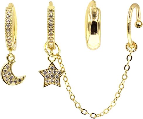 Huggie arring مجموعة سلسلة أذن الأذن - أصفاد حلق للنساء - 14K مطلي بالذهب - Zirconia التكعب الفوار - أقراط سلسلة الغضروف للنساء - Mix & Match String مجموعة in Kuwait