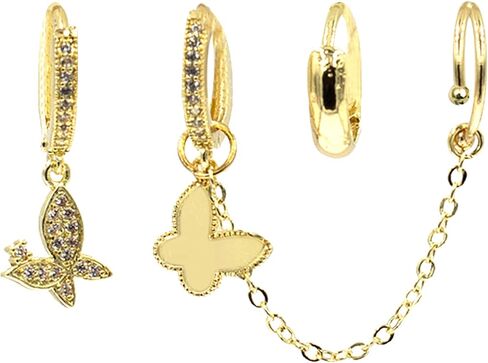 Huggie arring مجموعة سلسلة أذن الأذن - أصفاد حلق للنساء - 14K مطلي بالذهب - Zirconia التكعب الفوار - أقراط سلسلة الغضروف للنساء - Mix & Match String مجموعة in Kuwait
