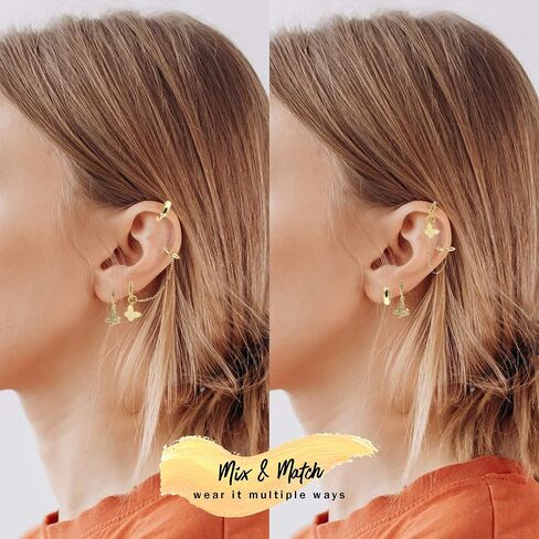 Huggie arring مجموعة سلسلة أذن الأذن - أصفاد حلق للنساء - 14K مطلي بالذهب - Zirconia التكعب الفوار - أقراط سلسلة الغضروف للنساء - Mix & Match String مجموعة in Kuwait