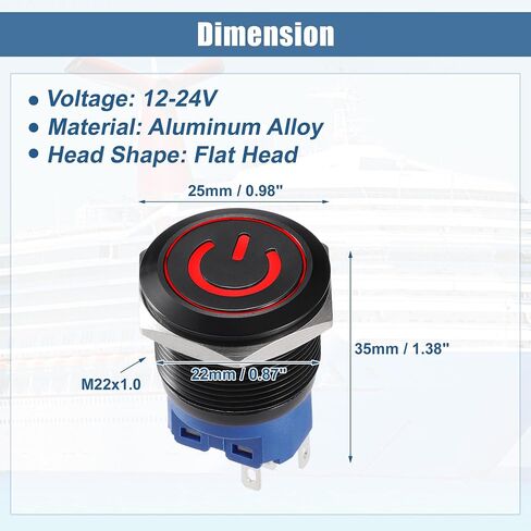 X AUTOHAUX 22mm Car Interior Pressure Switch Momentary Push Button Switch with Power Symbol LED 1NO 1NC 12-24V Aluminum Alloy for Boat Truck RV Red in Saudi Arabia