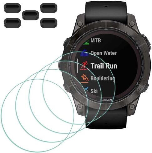 واقي شاشة لساعة Garmin fenix 7X/ 7X Solar/ 7X Sapphire Solar الذكية [4 قطع] + 5 مقابس مضادة للغبار، غطاء واقٍ رفيع للغاية من الزجاج المقسى بصلابة 9H خالٍ من الفقاعات in Kuwait