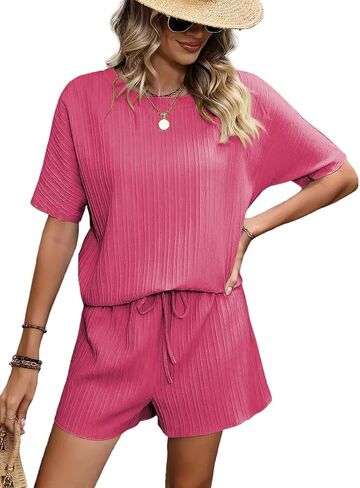 Beadchica Womens من قطعتين صالة مجموعات Tshirt Tops Draphstring Riker Shorts TrackSuit Workout مجموعات الركض in Kuwait