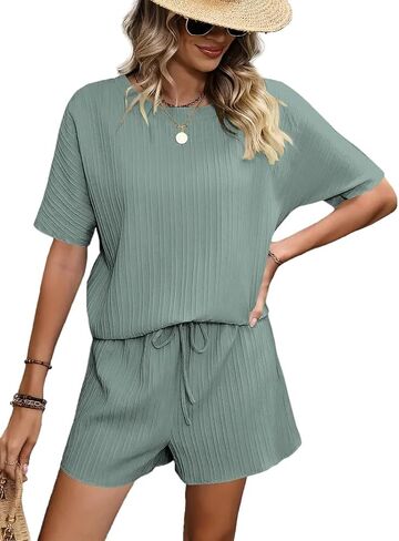 Beadchica Womens من قطعتين صالة مجموعات Tshirt Tops Draphstring Riker Shorts TrackSuit Workout مجموعات الركض in Kuwait