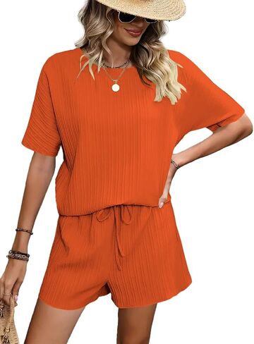 Beadchica Womens من قطعتين صالة مجموعات Tshirt Tops Draphstring Riker Shorts TrackSuit Workout مجموعات الركض in Kuwait