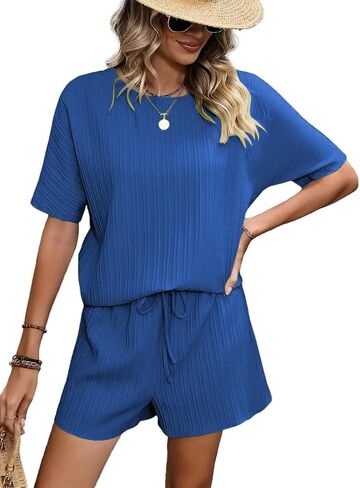 Beadchica Womens من قطعتين صالة مجموعات Tshirt Tops Draphstring Riker Shorts TrackSuit Workout مجموعات الركض in Kuwait