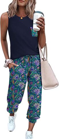 Ekouaer Two Piece Sets for Women Casual Travel Vacation Outfits Sleeveless Tops and Jogger Pants Lounge Set in Saudi Arabia