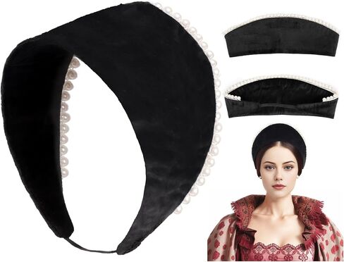 PROCOS Anne Pearl Headband Velvet Tudor French Hood Headpiece Elizabethan Headwear Queen Parr Renaissance Hair Accessory (A-Black) in Saudi Arabia