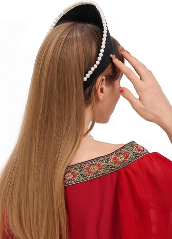 PROCOS Anne Pearl Headband Velvet Tudor French Hood Headpiece Elizabethan Headwear Queen Parr Renaissance Hair Accessory (A-Black) in Saudi Arabia