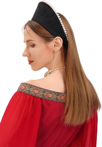 PROCOS Anne Pearl Headband Velvet Tudor French Hood Headpiece Elizabethan Headwear Queen Parr Renaissance Hair Accessory (A-Black) in Saudi Arabia