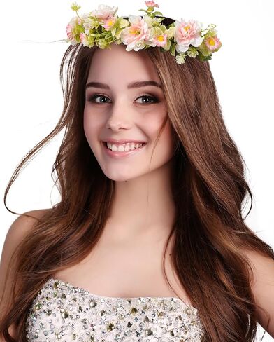 AWAYTR Flower Crowns for Women Flower Headband Adjusatble Flower Girl Headpiece Headband Fairy Crown for Bridal Wedding Festival Party Photo (Gradient - Pink) in Saudi Arabia