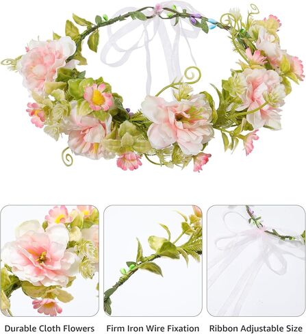 AWAYTR Flower Crowns for Women Flower Headband Adjusatble Flower Girl Headpiece Headband Fairy Crown for Bridal Wedding Festival Party Photo (Gradient - Pink) in Saudi Arabia