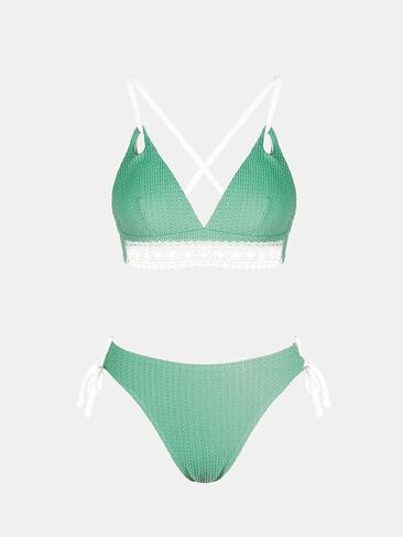 CUPSHE Women's Bikini Sets V Neck Textured Crisscross Back Lace Trim Bathing Suit Side Drawstring Low Rise in Saudi Arabia