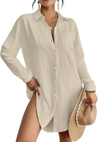 Bsubseach Swimsuit Coverup for Women Button Down Beach Cover Ups Long Sleeve Shirt Dress Modern Blouse Top in Saudi Arabia