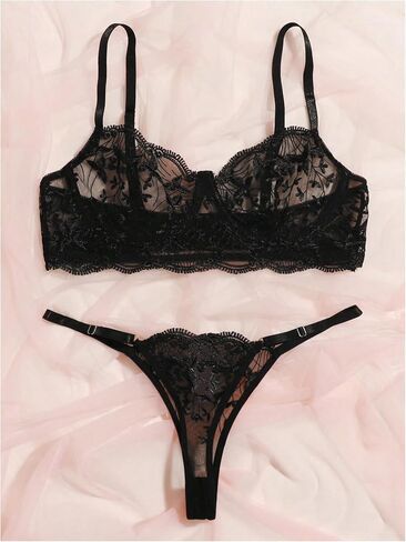 MakeMeChic Women's 2 Piece Lingerie Set Mesh Floral Lace Embroidery Underwire Sheer Bra and Thong Sets in Saudi Arabia