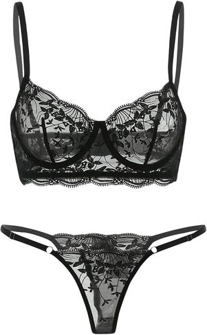 MakeMeChic Women's 2 Piece Lingerie Set Mesh Floral Lace Embroidery Underwire Sheer Bra and Thong Sets in Saudi Arabia