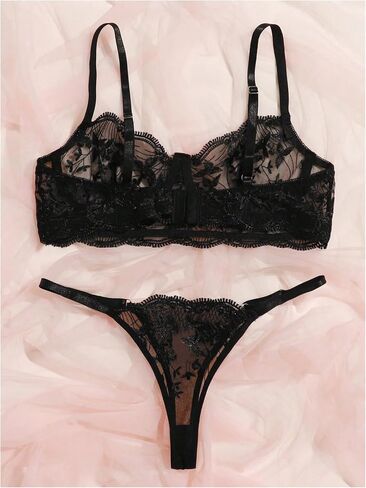 MakeMeChic Women's 2 Piece Lingerie Set Mesh Floral Lace Embroidery Underwire Sheer Bra and Thong Sets in Saudi Arabia