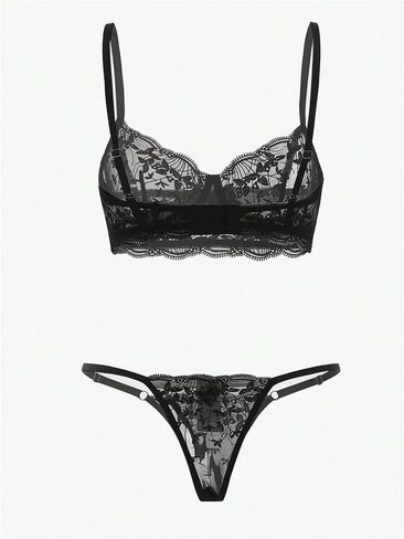MakeMeChic Women's 2 Piece Lingerie Set Mesh Floral Lace Embroidery Underwire Sheer Bra and Thong Sets in Saudi Arabia