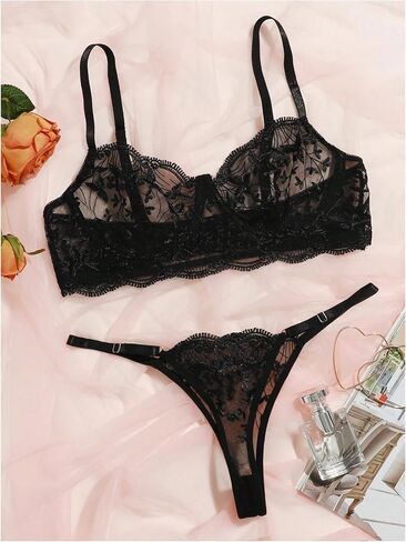 MakeMeChic Women's 2 Piece Lingerie Set Mesh Floral Lace Embroidery Underwire Sheer Bra and Thong Sets in Saudi Arabia