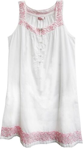 LA CERA Women's Cotton Embroidered Chemise, Sleeveless, Buttons, Hemline, Machine Wash, Side Pocket in Saudi Arabia