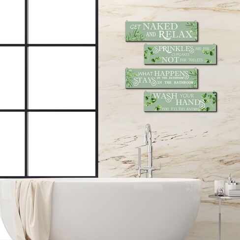 4 قطع ديكور حمام أبيض وأسود، لافتة فنية جدارية معلقة على الحائط، علامة جدارية مضحكة للحمام، علامة جدارية خشبية معلقة، ديكور جداري من الخشب الريفي للمنزل في الهواء الطلق (أسود، أبيض) in Kuwait