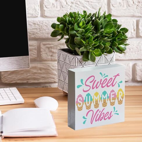 Hello Summer Wooden Box Sign Wood Block Tabletop Sign Summer Beach Decorative Desk Sign Home Shelf Decor 5 X 5 Inches in Kuwait