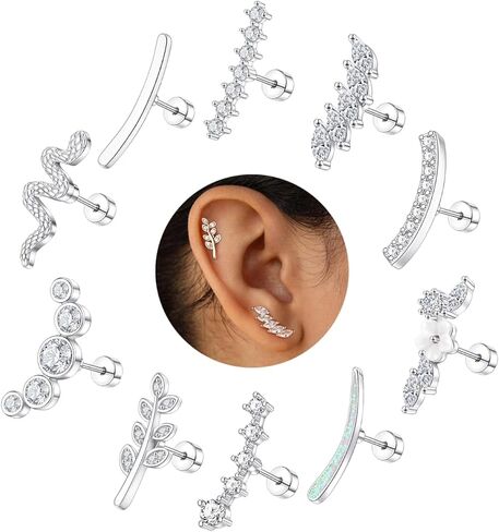 MOZAKA 10 PCS 16G Cartilage Earrings Helix Piercing Jewelry for Women Stainless Steel Opal CZ Conch Daith Tragus Piercing Jewelry Flower Snake Leaf Screw Back Stud Earrings Set in Saudi Arabia