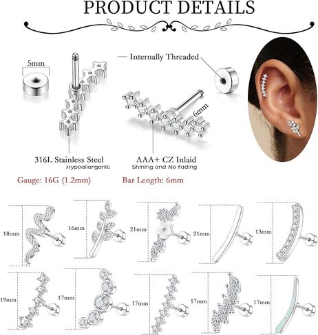 MOZAKA 10 PCS 16G Cartilage Earrings Helix Piercing Jewelry for Women Stainless Steel Opal CZ Conch Daith Tragus Piercing Jewelry Flower Snake Leaf Screw Back Stud Earrings Set in Saudi Arabia