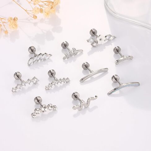 MOZAKA 10 PCS 16G Cartilage Earrings Helix Piercing Jewelry for Women Stainless Steel Opal CZ Conch Daith Tragus Piercing Jewelry Flower Snake Leaf Screw Back Stud Earrings Set in Saudi Arabia