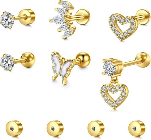 Briana Williams Cartilage Earring Stud Helix Piercing Jewelry for Women Stainless Steel Opal CZ Forward Helix Tragus Piercing Jewelry Heart Butterfly Flower Star Screw Back Stud Earrings 16G 20G in Saudi Arabia