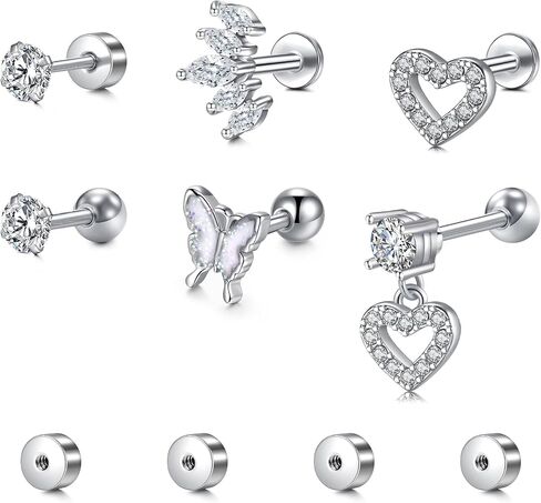 Briana Williams Cartilage Earring Stud Helix Piercing Jewelry for Women Stainless Steel Opal CZ Forward Helix Tragus Piercing Jewelry Heart Butterfly Flower Star Screw Back Stud Earrings 16G 20G in Saudi Arabia