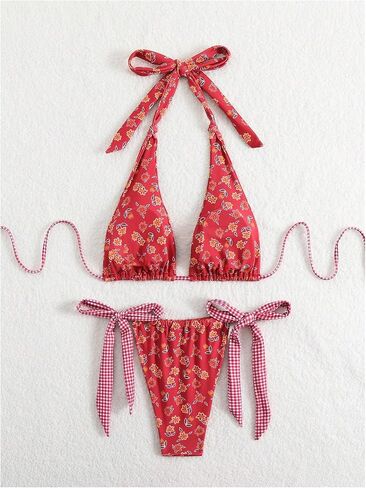 Women's 2 Piece Floral Plaid Swimsuit Halter Triangle Bathing Suit Bowknot Tie Side Bikini Sets in Saudi Arabia