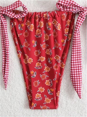 Women's 2 Piece Floral Plaid Swimsuit Halter Triangle Bathing Suit Bowknot Tie Side Bikini Sets in Saudi Arabia