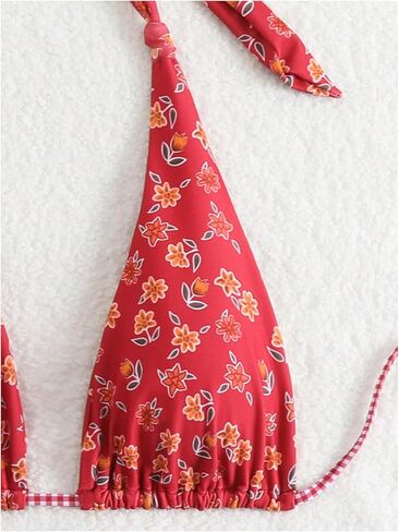 Women's 2 Piece Floral Plaid Swimsuit Halter Triangle Bathing Suit Bowknot Tie Side Bikini Sets in Saudi Arabia