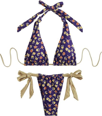 Women's 2 Piece Floral Plaid Swimsuit Halter Triangle Bathing Suit Bowknot Tie Side Bikini Sets in Saudi Arabia