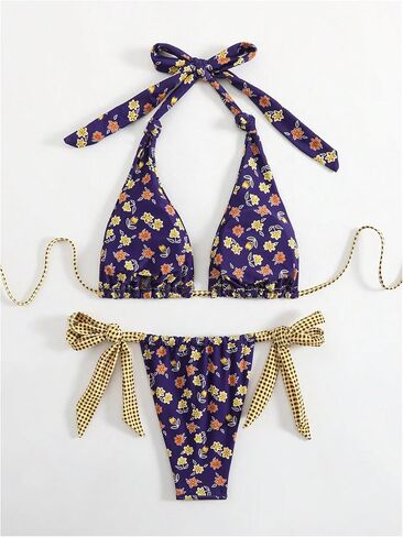 Women's 2 Piece Floral Plaid Swimsuit Halter Triangle Bathing Suit Bowknot Tie Side Bikini Sets in Saudi Arabia